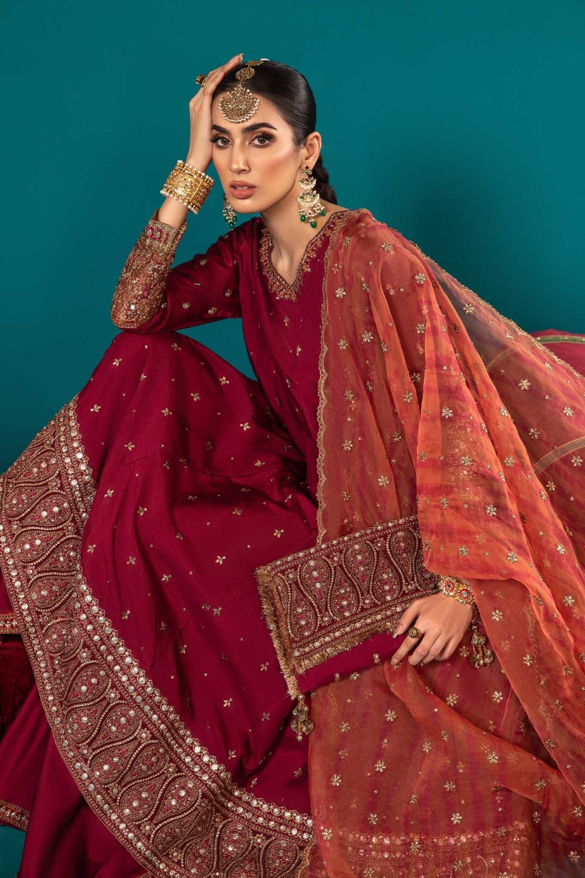Maria B | RTW | 3 Piece Embroidered Suit-Brand:Maria B-Type:Luxury Formals-Maroon - House of Maryam- Buy in UK, USA