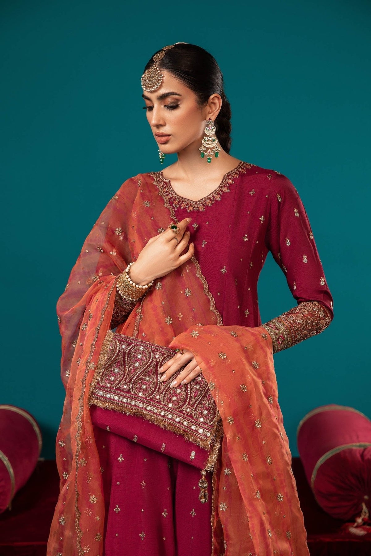 Maria B | RTW | 3 Piece Embroidered Suit-Brand:Maria B-Type:Luxury Formals-Maroon - House of Maryam- Buy in UK, USA