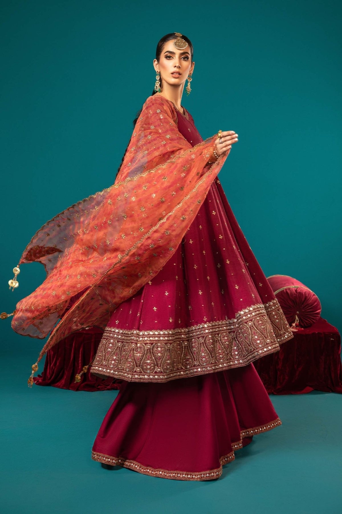 Maria B | RTW | 3 Piece Embroidered Suit-Brand:Maria B-Type:Luxury Formals-Maroon - House of Maryam- Buy in UK, USA