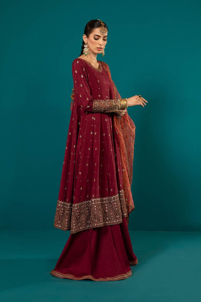 Maria B | RTW | 3 Piece Embroidered Suit-Brand:Maria B-Type:Luxury Formals-Maroon - House of Maryam- Buy in UK, USA