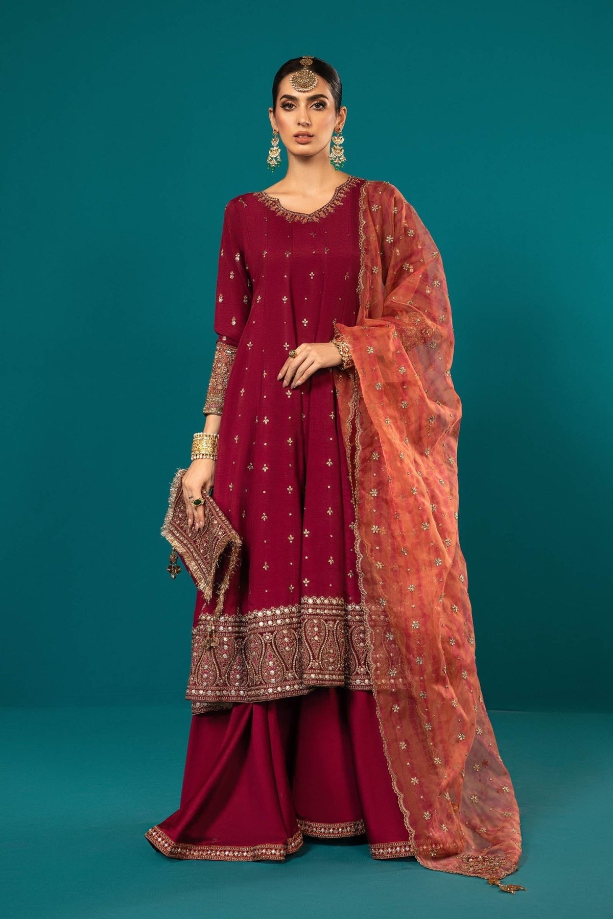 Maria B | RTW | 3 Piece Embroidered Suit-Brand:Maria B-Type:Luxury Formals-Maroon - House of Maryam- Buy in UK, USA