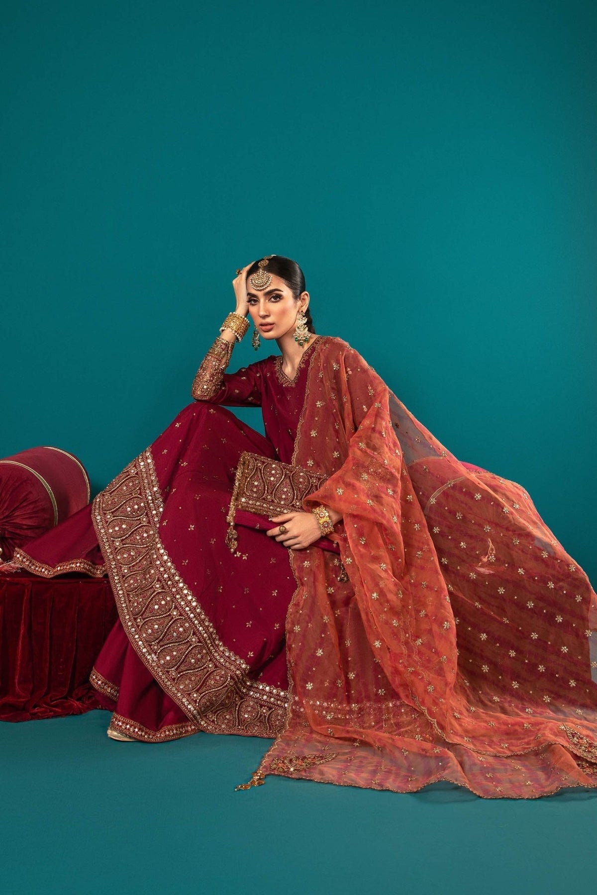 Maria B | RTW | 3 Piece Embroidered Suit-Brand:Maria B-Type:Luxury Formals-Maroon - House of Maryam- Buy in UK, USA