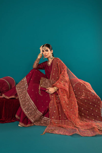 Maria B | RTW | 3 Piece Embroidered Suit-Brand:Maria B-Type:Luxury Formals-Maroon - House of Maryam- Buy in UK, USA