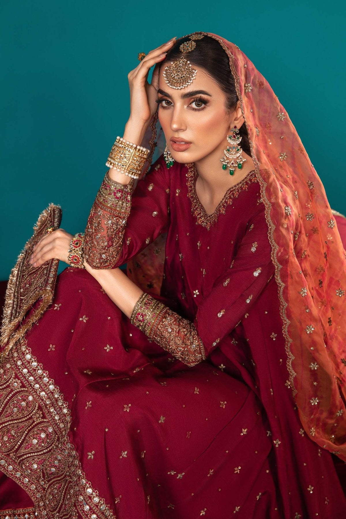 Maria B | RTW | 3 Piece Embroidered Suit-Brand:Maria B-Type:Luxury Formals-Maroon - House of Maryam- Buy in UK, USA