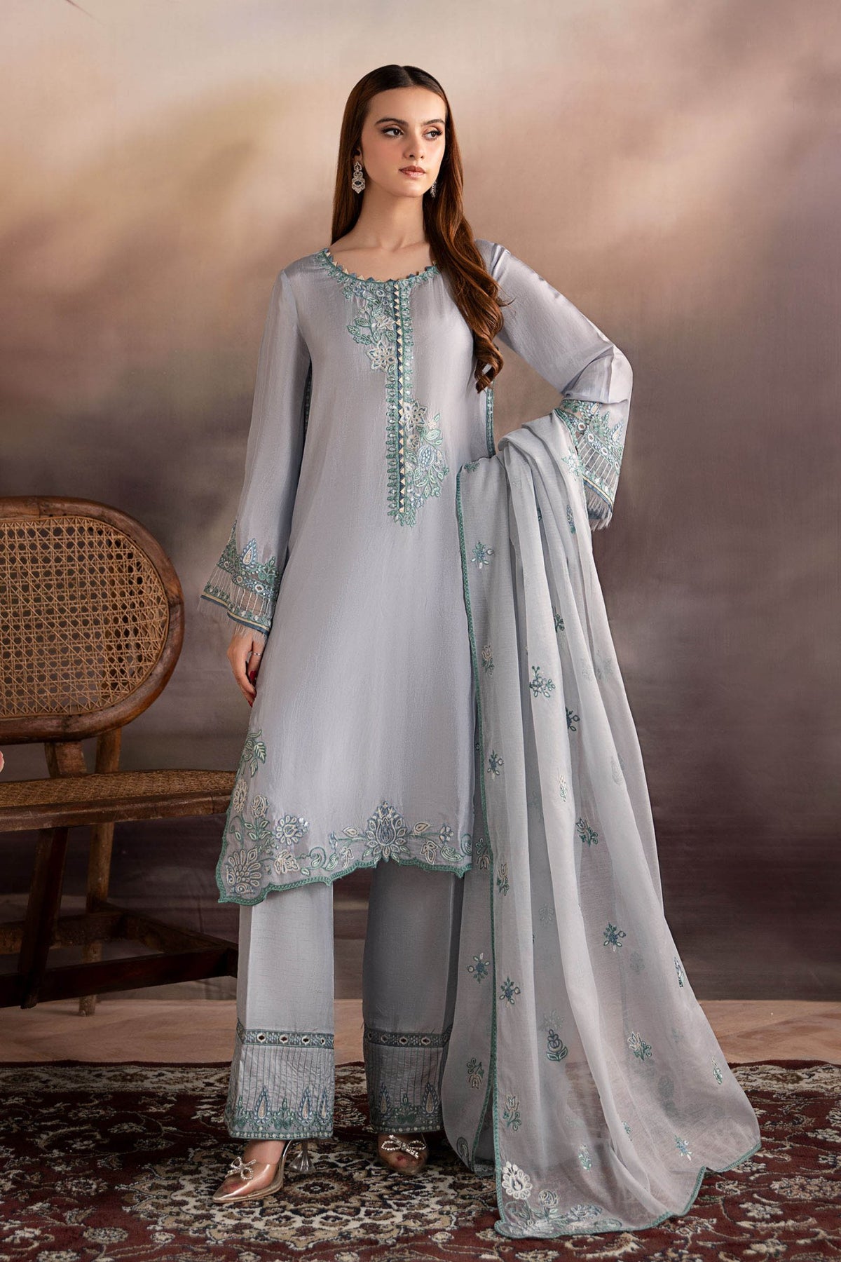 Maria B | RTW | 3 Piece Embroidered Tassel Silk Suit-Brand:Maria B-Type:Luxury Pret-Blue - House of Maryam- Buy in UK, USA