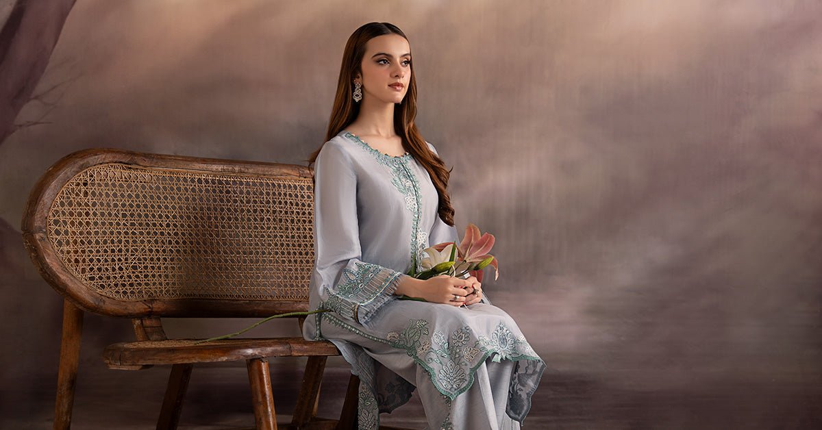 Maria B | RTW | 3 Piece Embroidered Tassel Silk Suit-Brand:Maria B-Type:Luxury Pret-Blue - House of Maryam- Buy in UK, USA