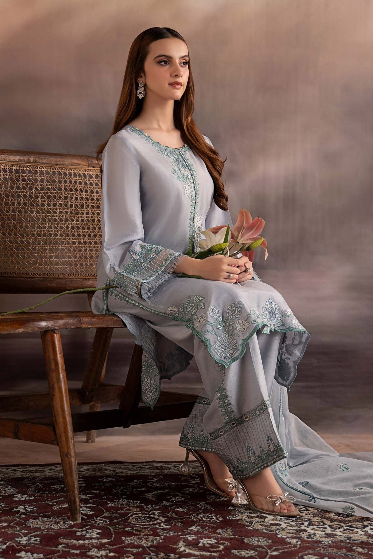 Maria B | RTW | 3 Piece Embroidered Tassel Silk Suit-Brand:Maria B-Type:Luxury Pret-Blue - House of Maryam- Buy in UK, USA