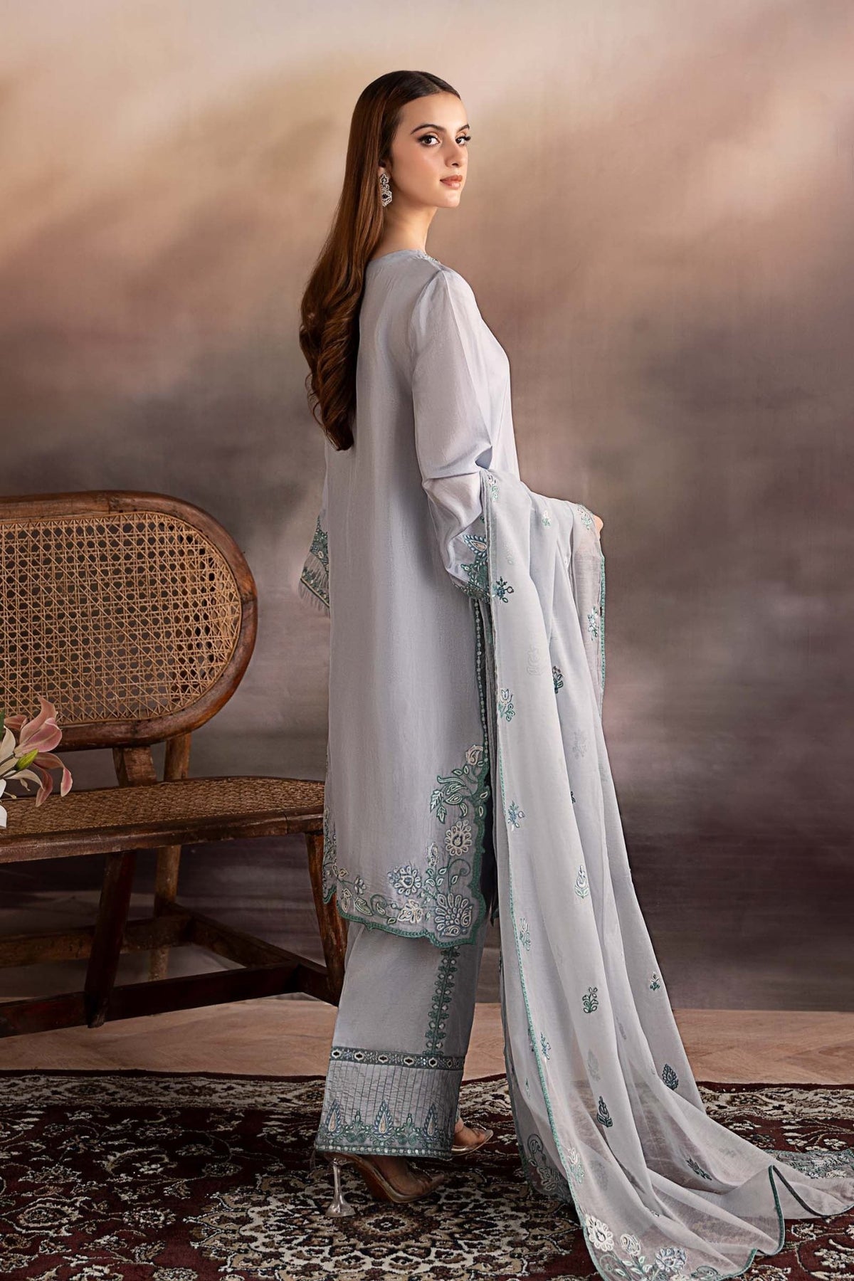 Maria B | RTW | 3 Piece Embroidered Tassel Silk Suit-Brand:Maria B-Type:Luxury Pret-Blue - House of Maryam- Buy in UK, USA