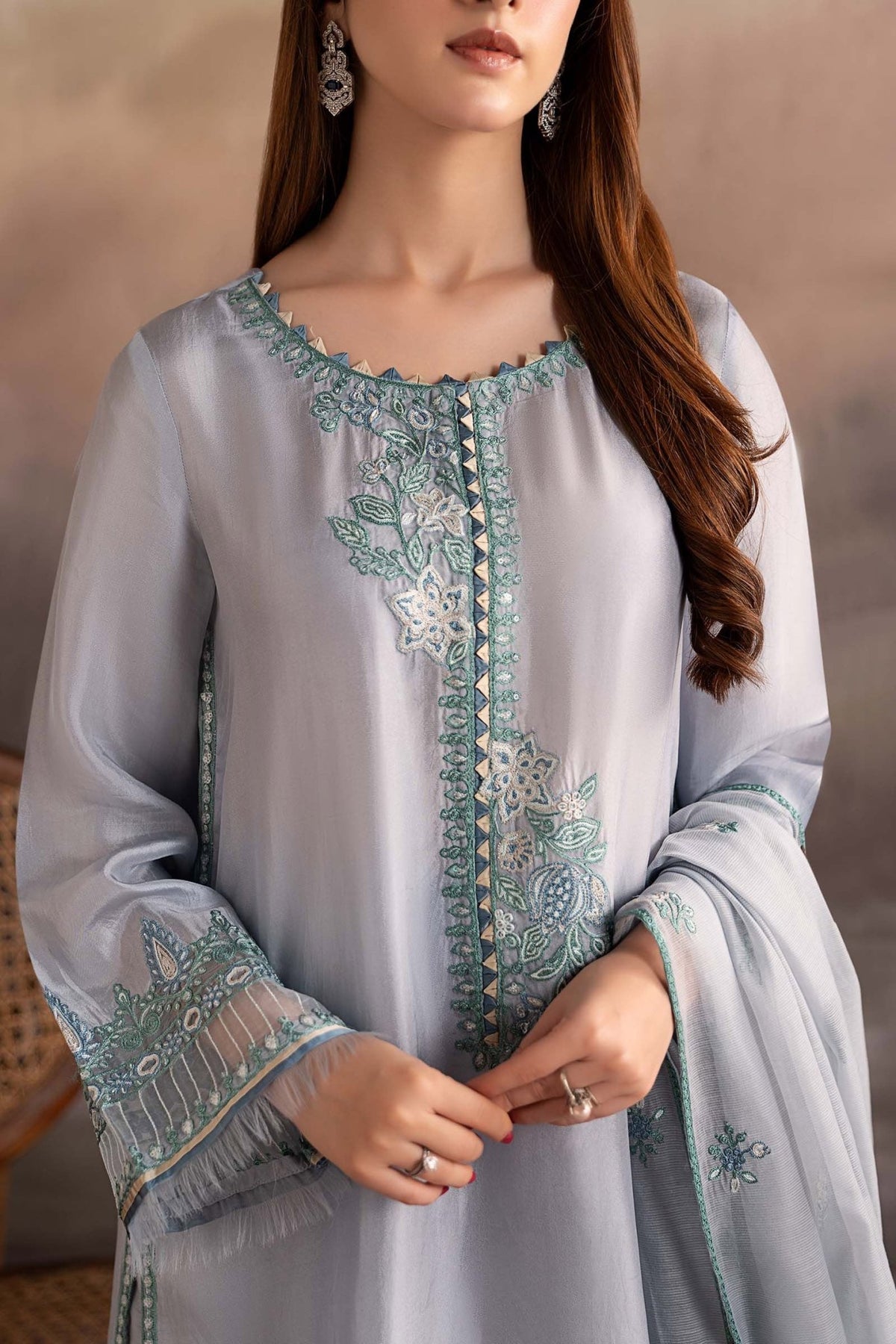 Maria B | RTW | 3 Piece Embroidered Tassel Silk Suit-Brand:Maria B-Type:Luxury Pret-Blue - House of Maryam- Buy in UK, USA
