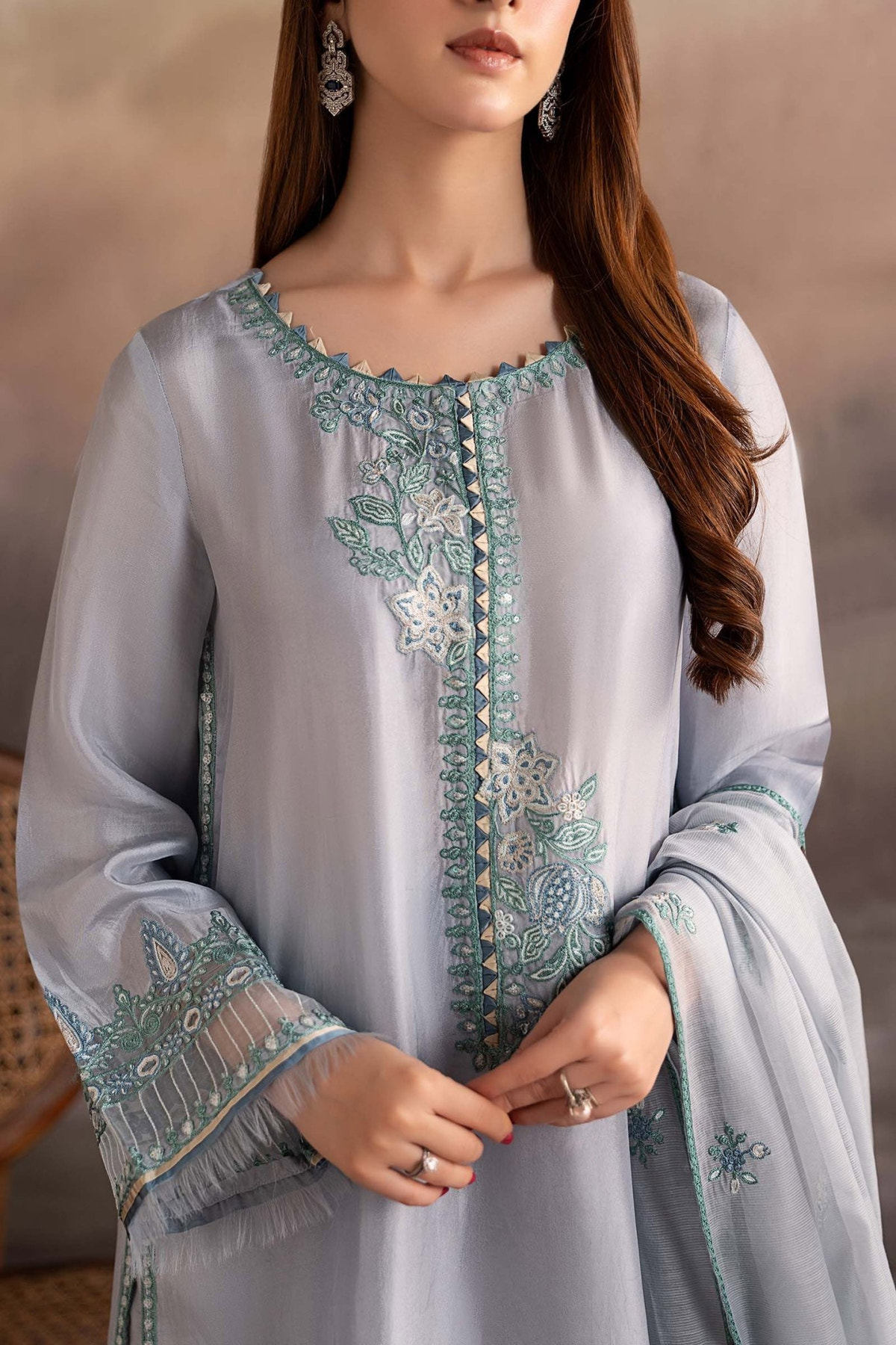 Maria B | RTW | 3 Piece Embroidered Tassel Silk Suit-Brand:Maria B-Type:Luxury Pret-Blue - House of Maryam- Buy in UK, USA