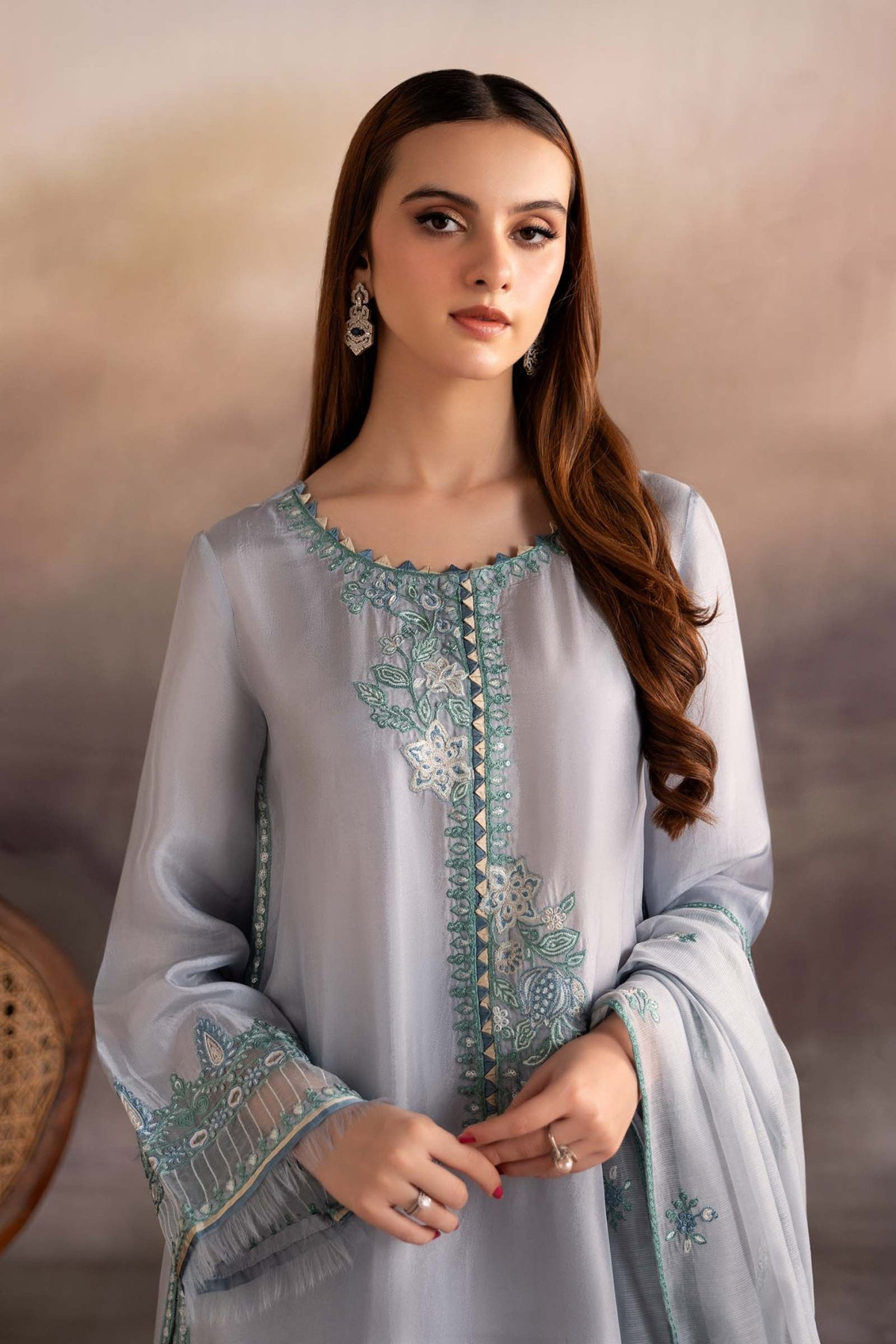 Maria B | RTW | 3 Piece Embroidered Tassel Silk Suit-Brand:Maria B-Type:Luxury Pret-Blue - House of Maryam- Buy in UK, USA