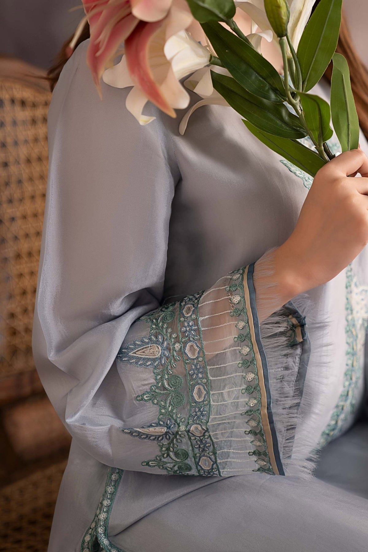 Maria B | RTW | 3 Piece Embroidered Tassel Silk Suit-Brand:Maria B-Type:Luxury Pret-Blue - House of Maryam- Buy in UK, USA