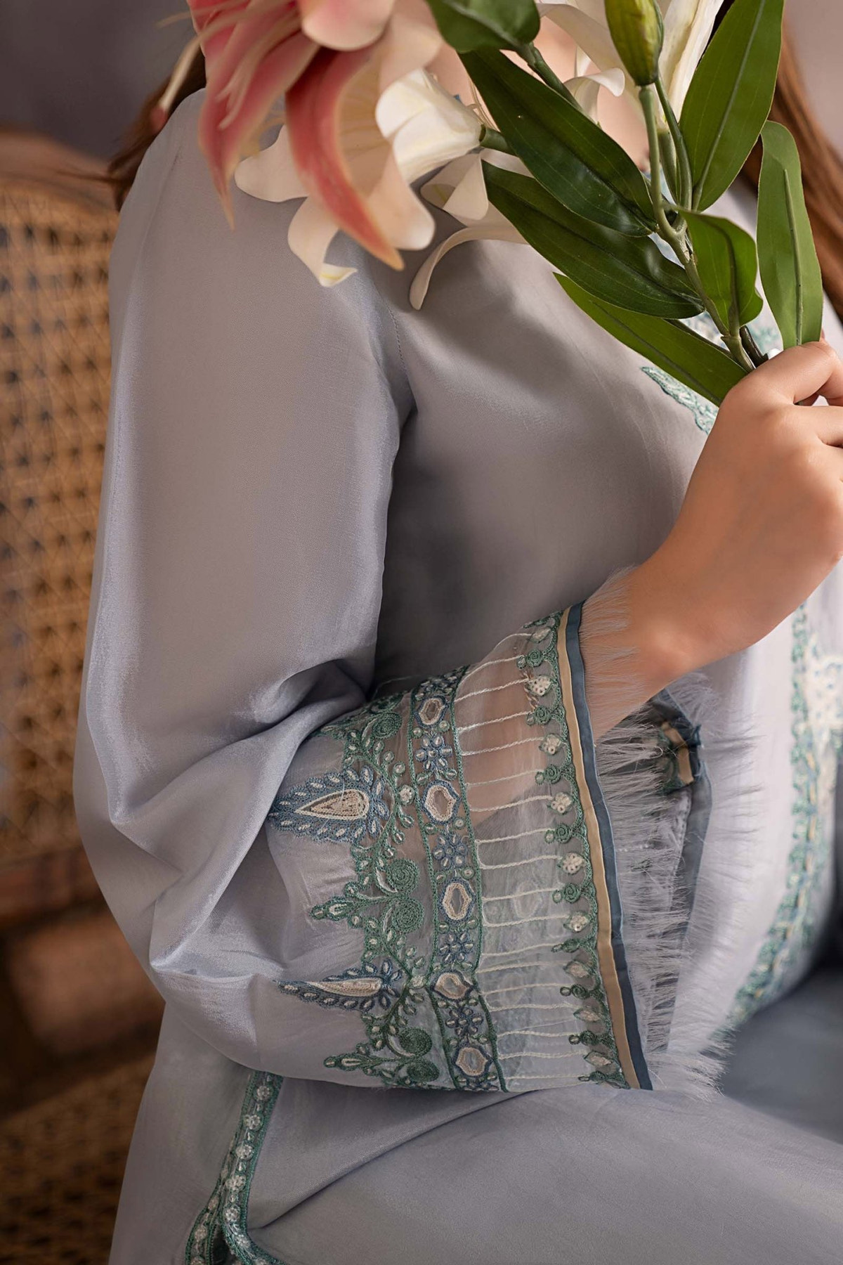 Maria B | RTW | 3 Piece Embroidered Tassel Silk Suit-Brand:Maria B-Type:Luxury Pret-Blue - House of Maryam- Buy in UK, USA