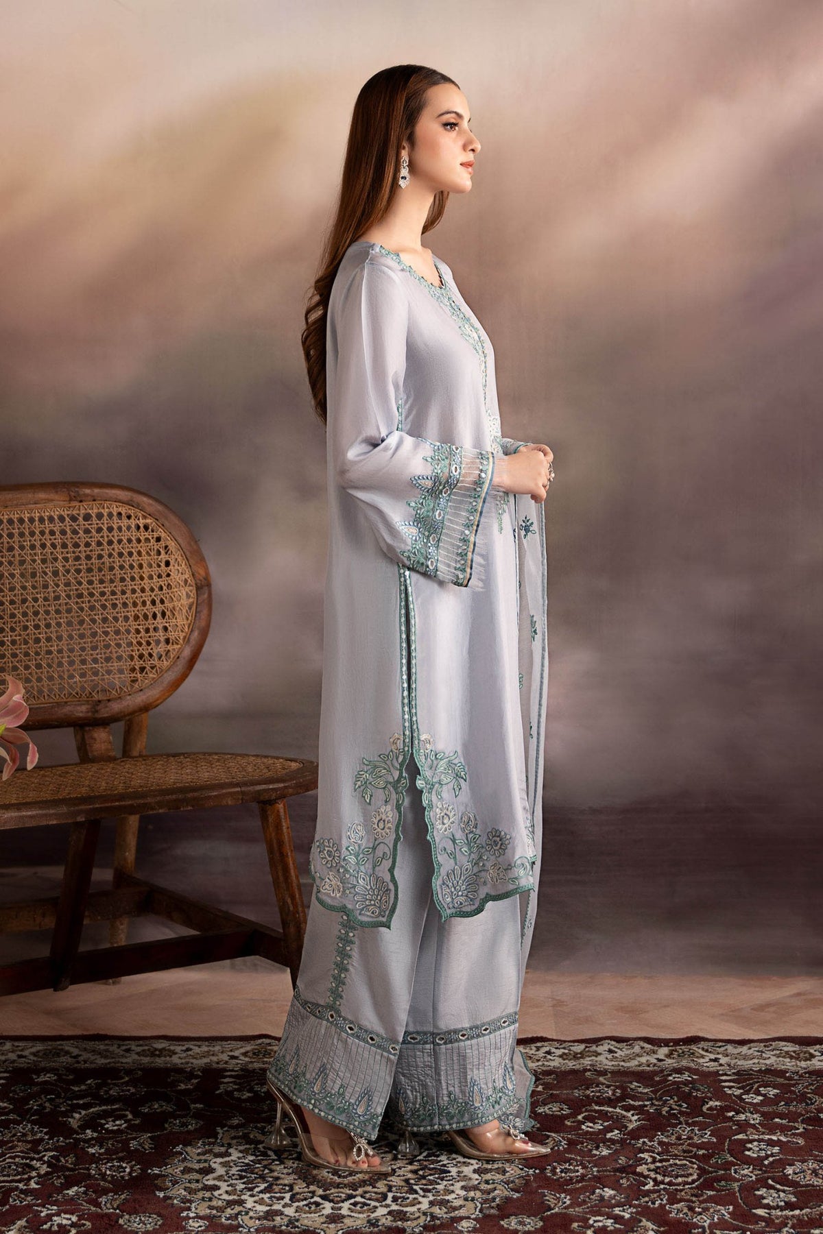Maria B | RTW | 3 Piece Embroidered Tassel Silk Suit-Brand:Maria B-Type:Luxury Pret-Blue - House of Maryam- Buy in UK, USA