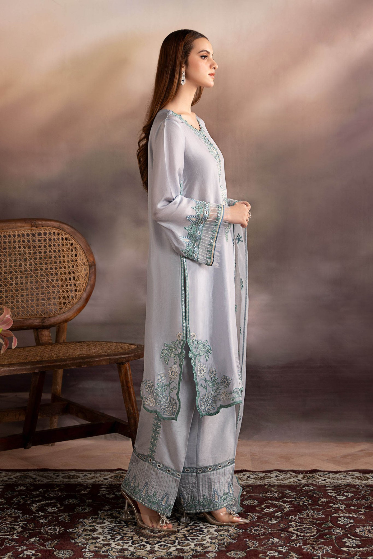 Maria B | RTW | 3 Piece Embroidered Tassel Silk Suit-Brand:Maria B-Type:Luxury Pret-Blue - House of Maryam- Buy in UK, USA