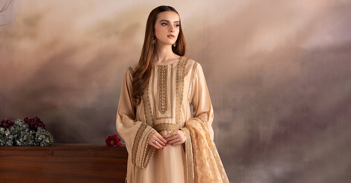 Maria B | RTW | 3 Piece Embroidered Tissue Silk Suit-Brand:Maria B-Type:Luxury Formals-Beige - House of Maryam- Buy in UK, USA
