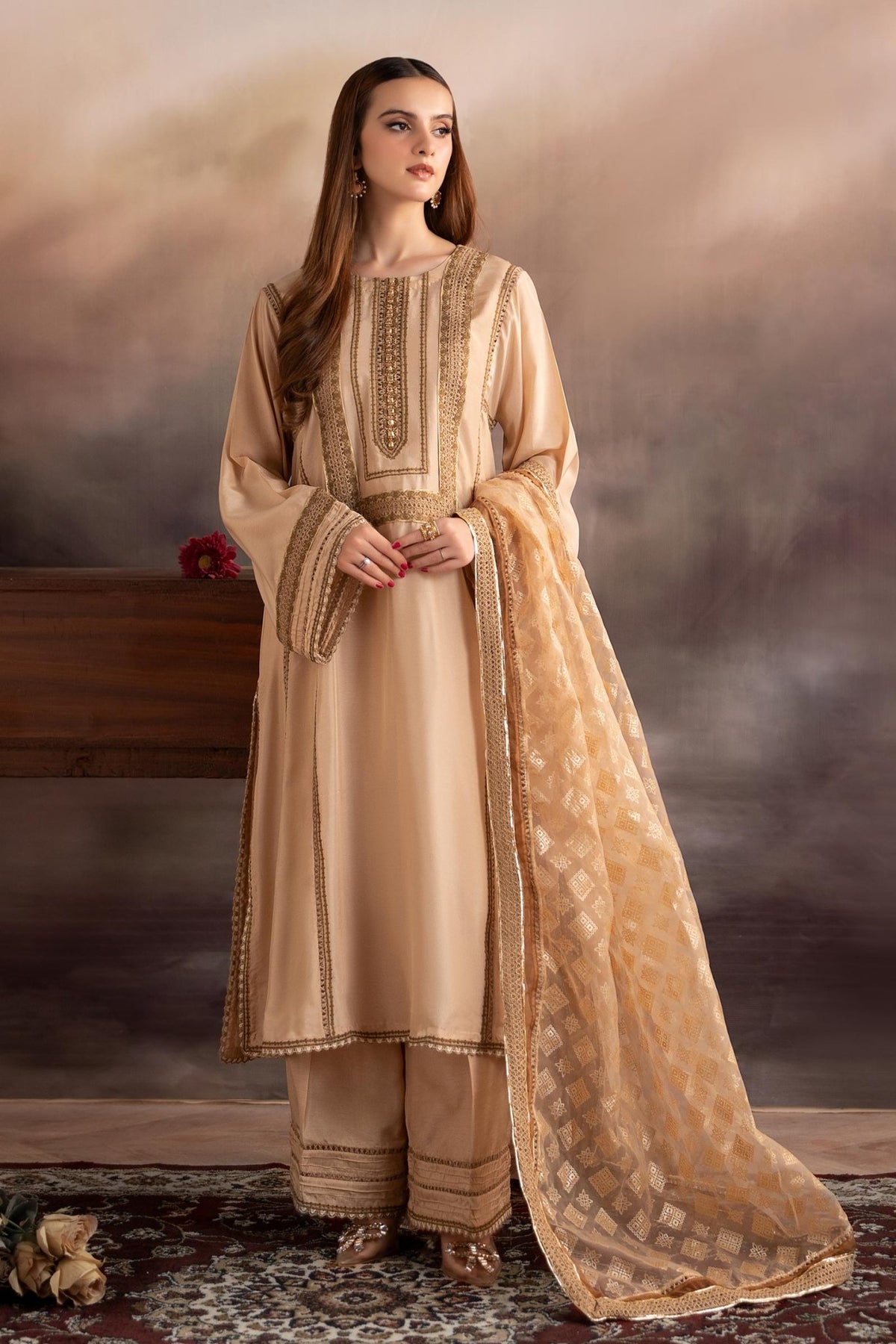 Maria B | RTW | 3 Piece Embroidered Tissue Silk Suit-Brand:Maria B-Type:Luxury Formals-Beige - House of Maryam- Buy in UK, USA