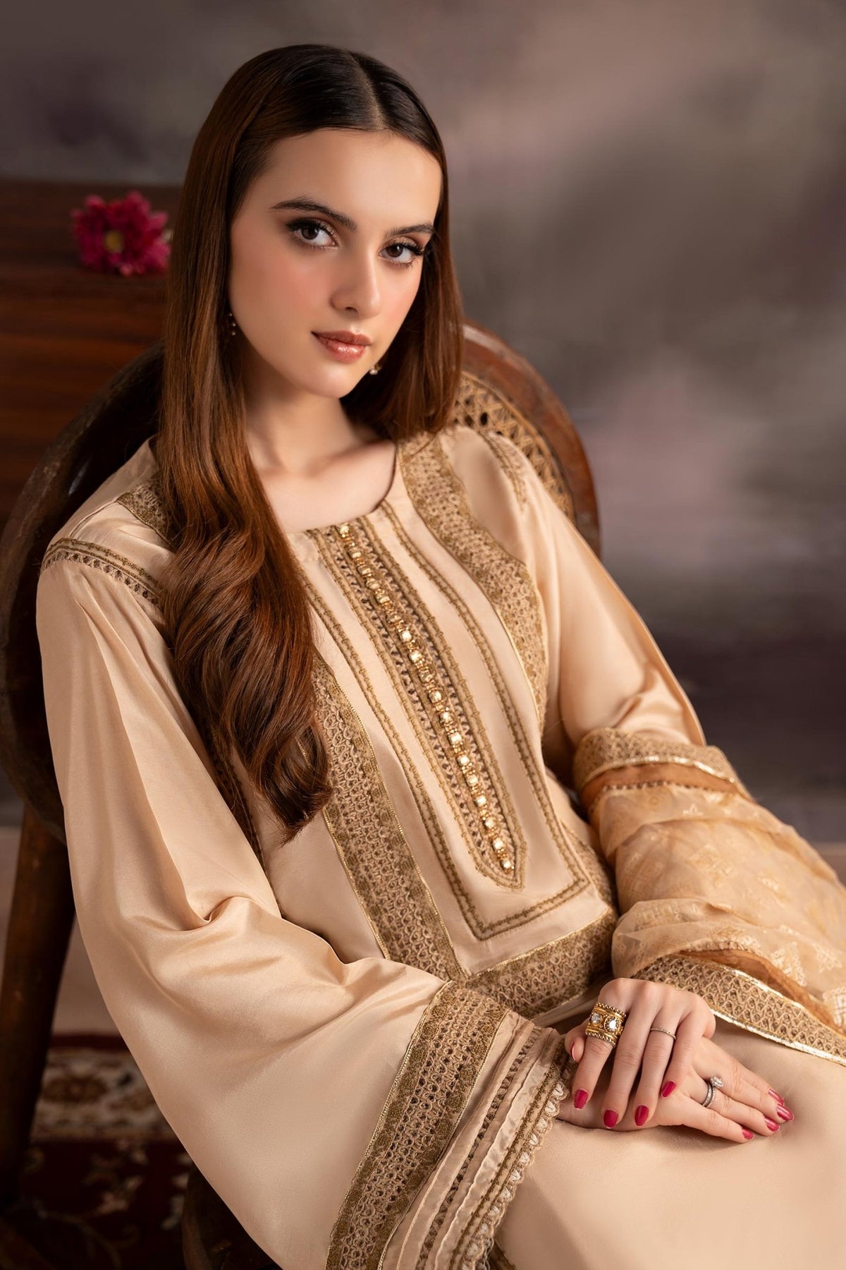Maria B | RTW | 3 Piece Embroidered Tissue Silk Suit-Brand:Maria B-Type:Luxury Formals-Beige - House of Maryam- Buy in UK, USA