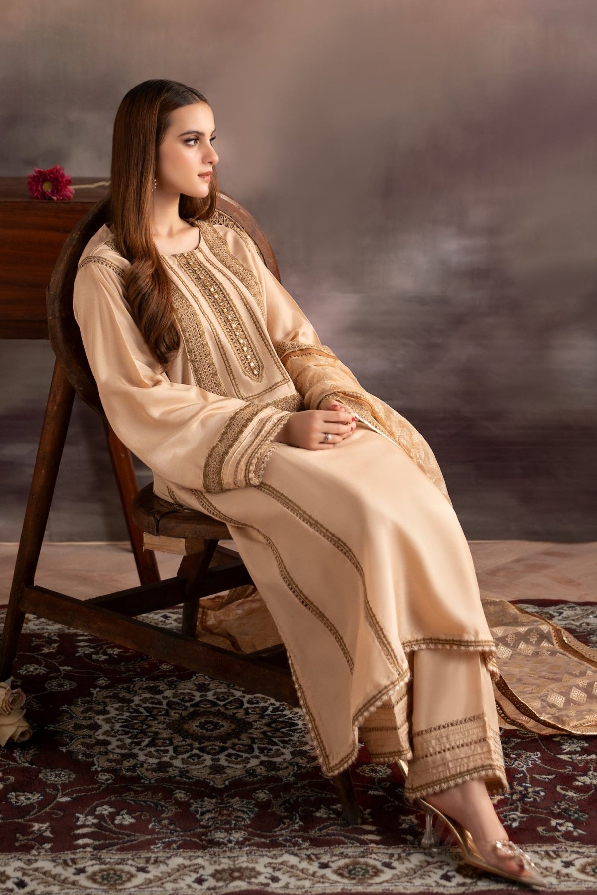 Maria B | RTW | 3 Piece Embroidered Tissue Silk Suit-Brand:Maria B-Type:Luxury Formals-Beige - House of Maryam- Buy in UK, USA