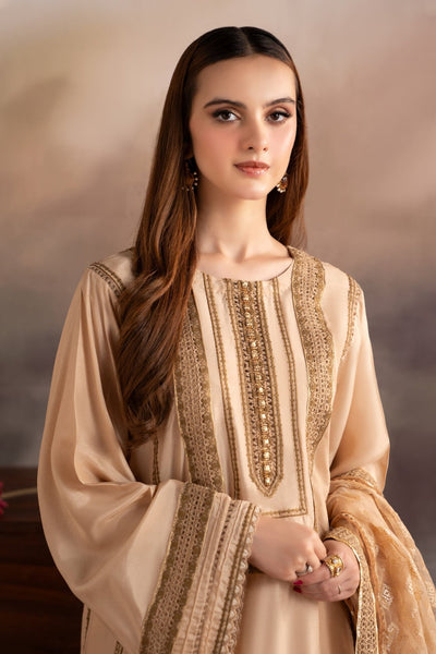 Maria B | RTW | 3 Piece Embroidered Tissue Silk Suit-Brand:Maria B-Type:Luxury Formals-Beige - House of Maryam- Buy in UK, USA