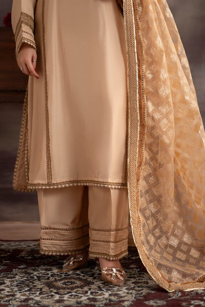 Maria B | RTW | 3 Piece Embroidered Tissue Silk Suit-Brand:Maria B-Type:Luxury Formals-Beige - House of Maryam- Buy in UK, USA