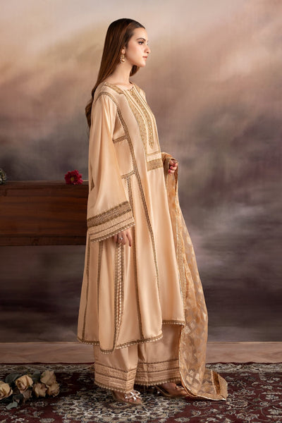 Maria B | RTW | 3 Piece Embroidered Tissue Silk Suit-Brand:Maria B-Type:Luxury Formals-Beige - House of Maryam- Buy in UK, USA