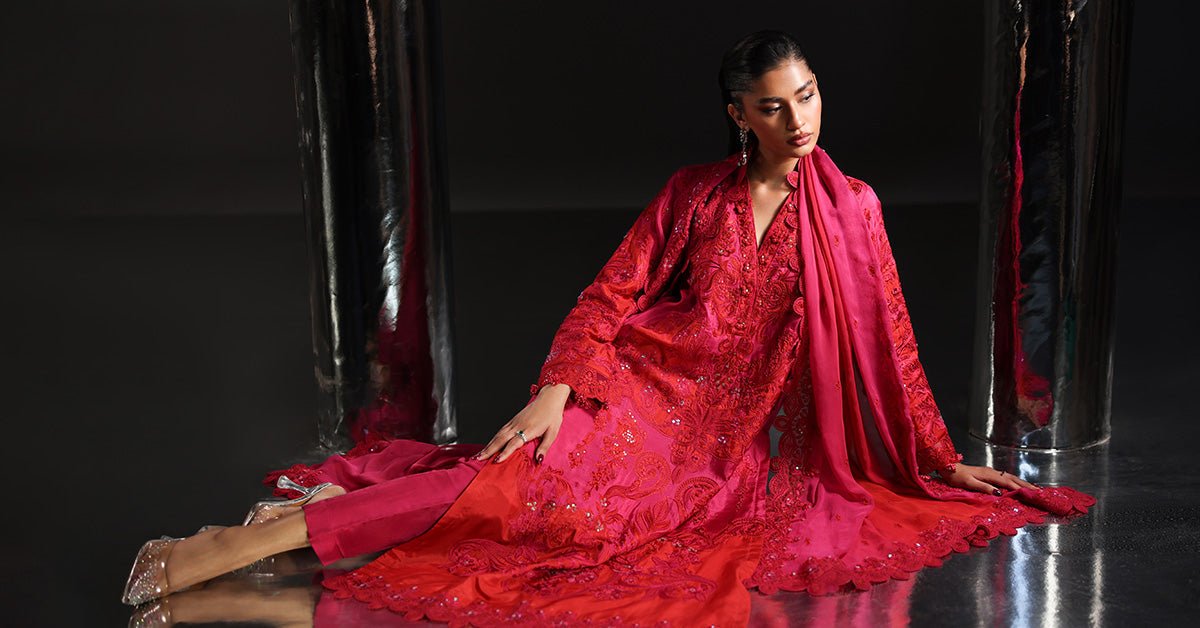 Maria B | RTW | 3 Piece Embroidered Tissue Silk Suit-Brand:Maria B-Type:Luxury Formals-Pink - House of Maryam- Buy in UK, USA