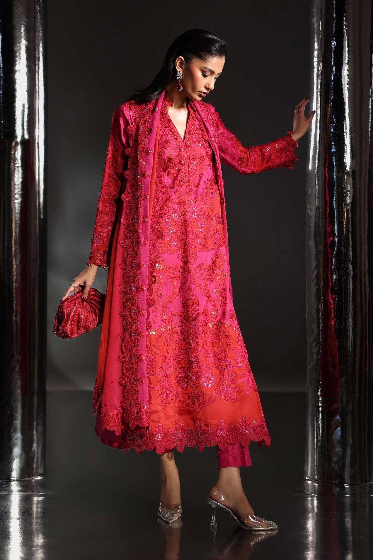 Maria B | RTW | 3 Piece Embroidered Tissue Silk Suit-Brand:Maria B-Type:Luxury Formals-Pink - House of Maryam- Buy in UK, USA