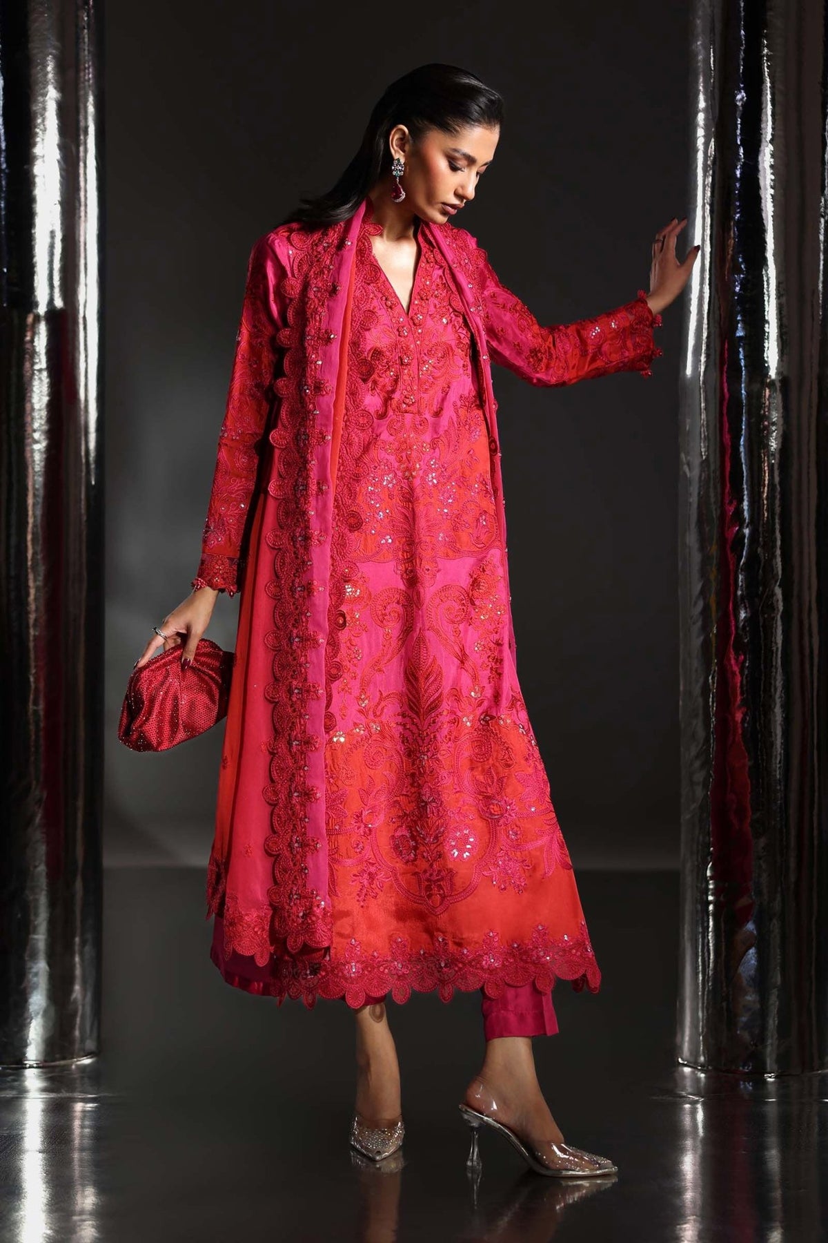 Maria B | RTW | 3 Piece Embroidered Tissue Silk Suit-Brand:Maria B-Type:Luxury Formals-Pink - House of Maryam- Buy in UK, USA