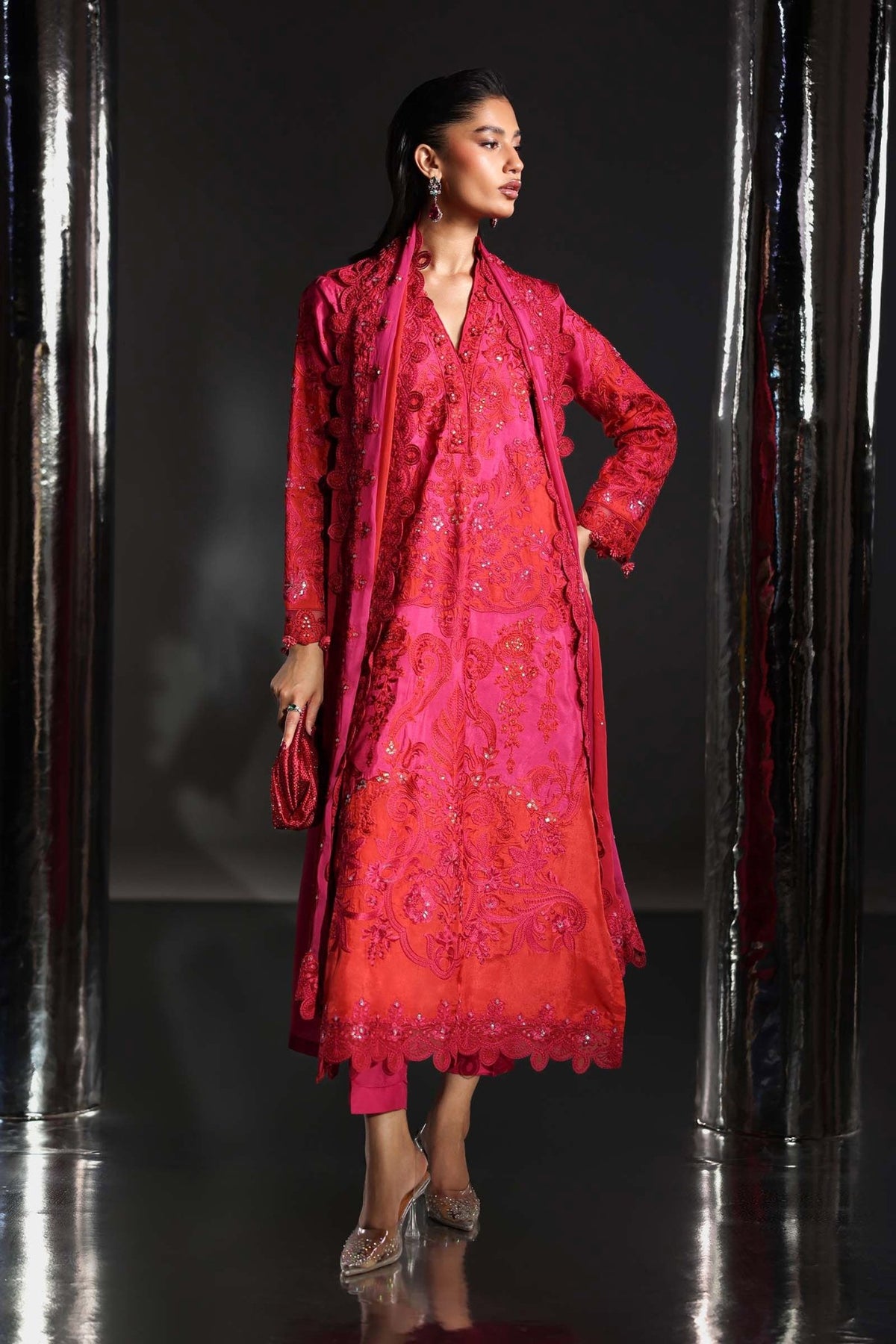 Maria B | RTW | 3 Piece Embroidered Tissue Silk Suit-Brand:Maria B-Type:Luxury Formals-Pink - House of Maryam- Buy in UK, USA