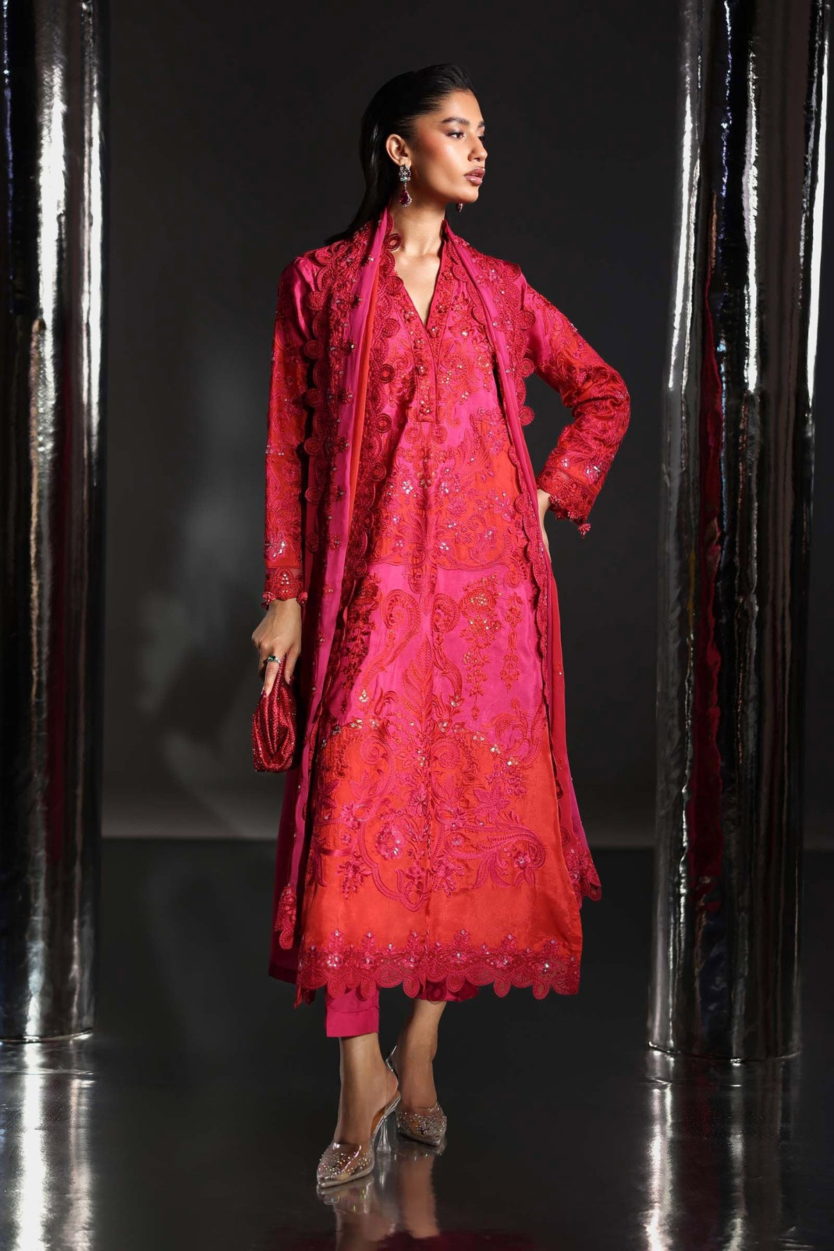 Maria B | RTW | 3 Piece Embroidered Tissue Silk Suit-Brand:Maria B-Type:Luxury Formals-Pink - House of Maryam- Buy in UK, USA