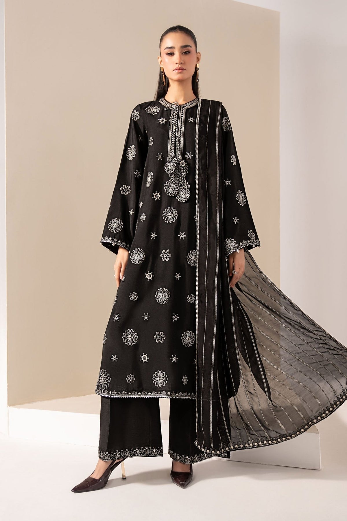 Maria B | RTW | 3 Piece Embroidered Tissue Staple Suit-Brand:Maria B-Type:Luxury Formals-Black - House of Maryam- Buy in UK, USA