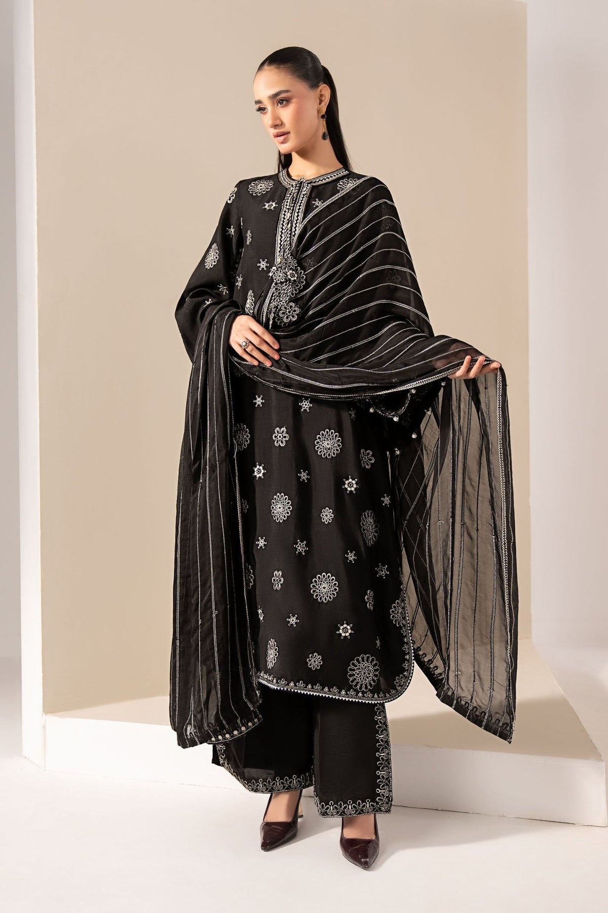 Maria B | RTW | 3 Piece Embroidered Tissue Staple Suit-Brand:Maria B-Type:Luxury Formals-Black - House of Maryam- Buy in UK, USA