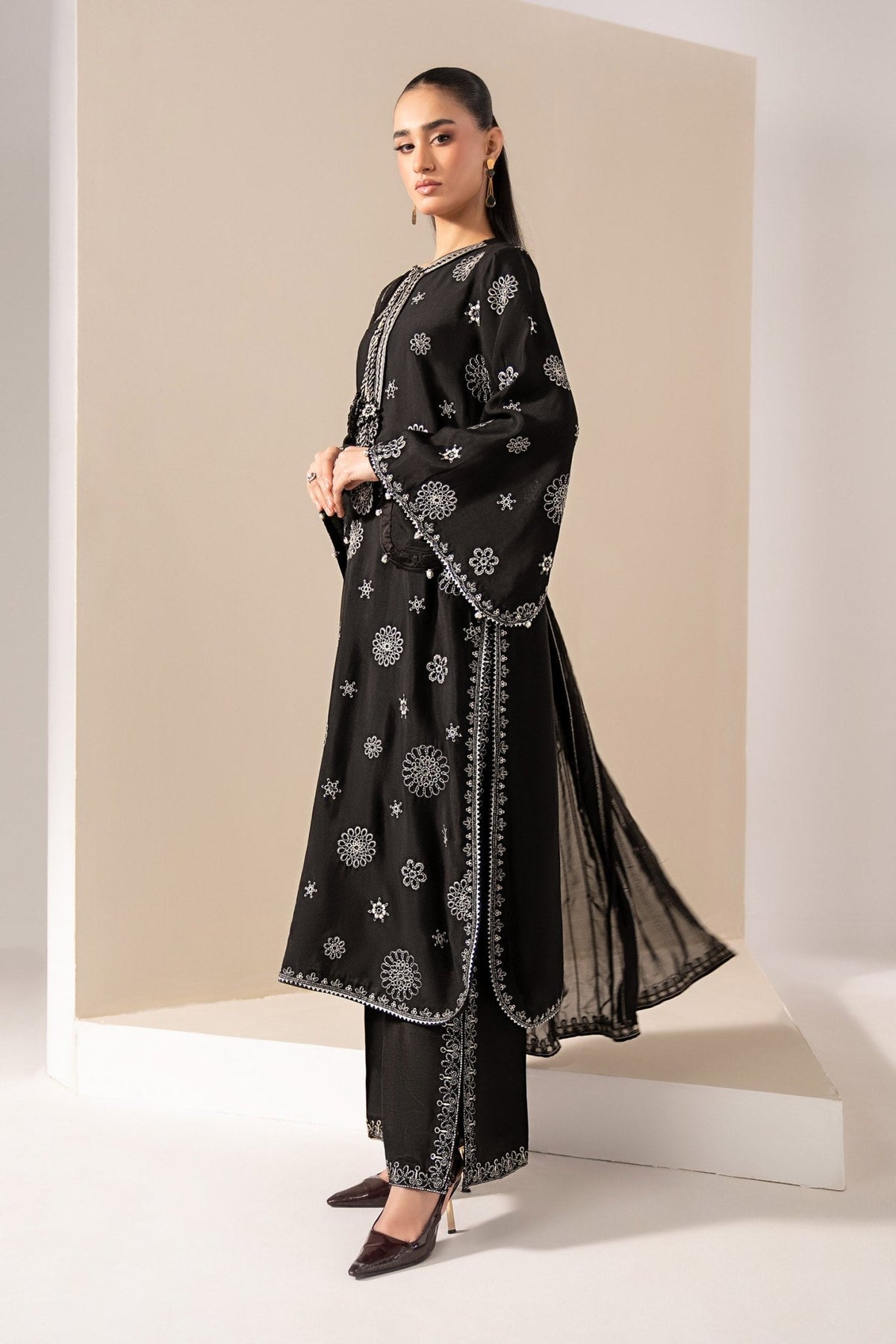 Maria B | RTW | 3 Piece Embroidered Tissue Staple Suit-Brand:Maria B-Type:Luxury Formals-Black - House of Maryam- Buy in UK, USA
