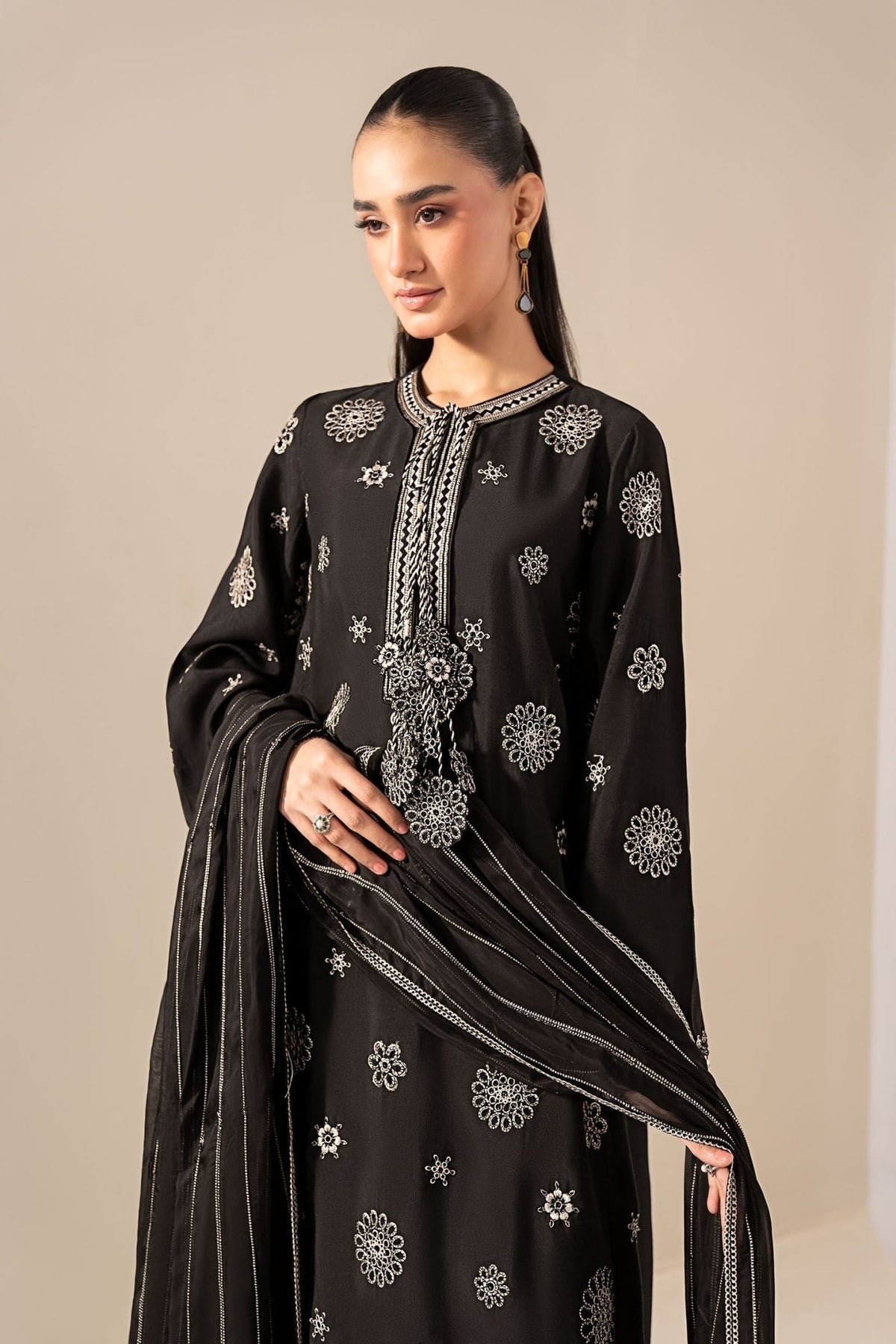 Maria B | RTW | 3 Piece Embroidered Tissue Staple Suit-Brand:Maria B-Type:Luxury Formals-Black - House of Maryam- Buy in UK, USA