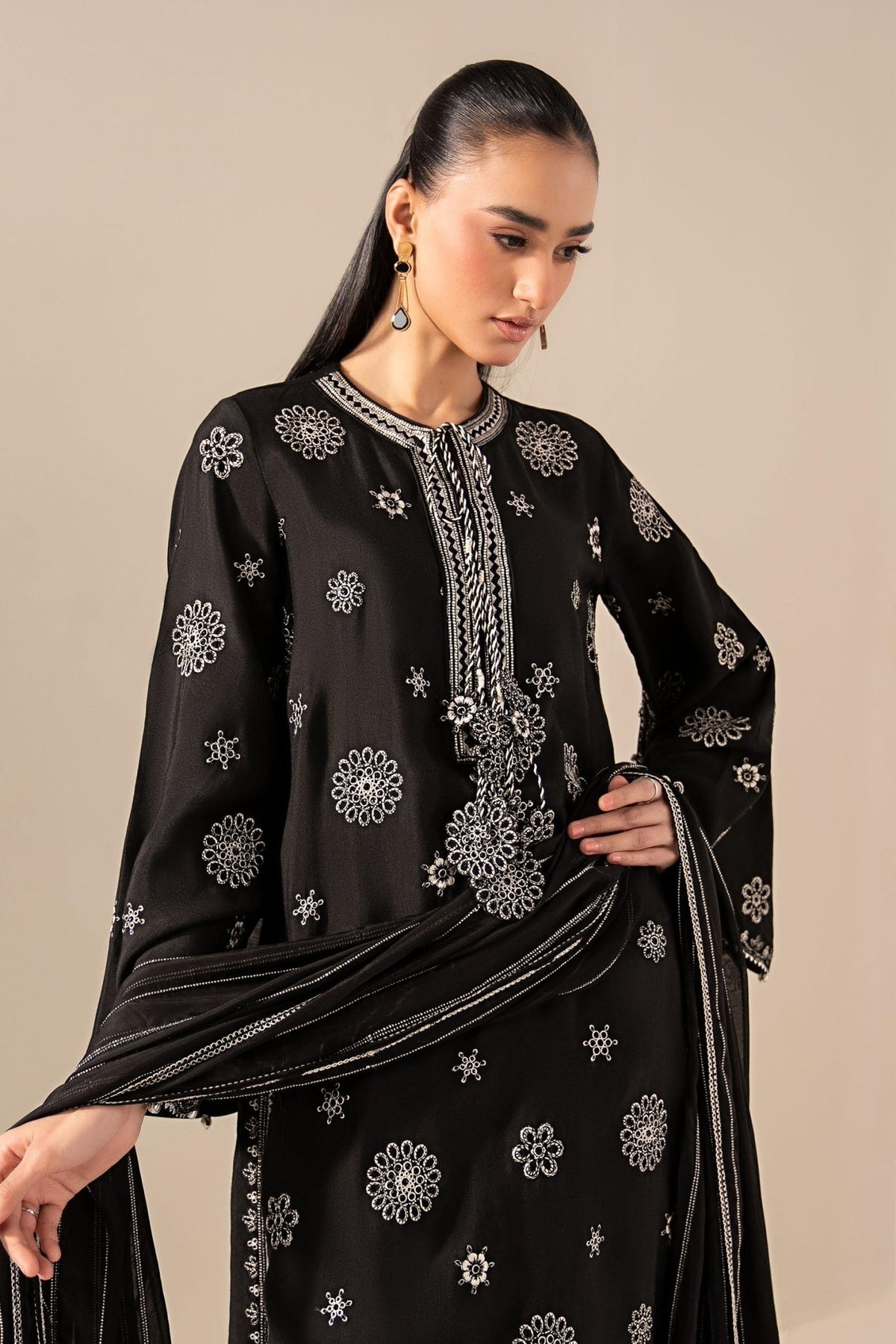 Maria B | RTW | 3 Piece Embroidered Tissue Staple Suit-Brand:Maria B-Type:Luxury Formals-Black - House of Maryam- Buy in UK, USA