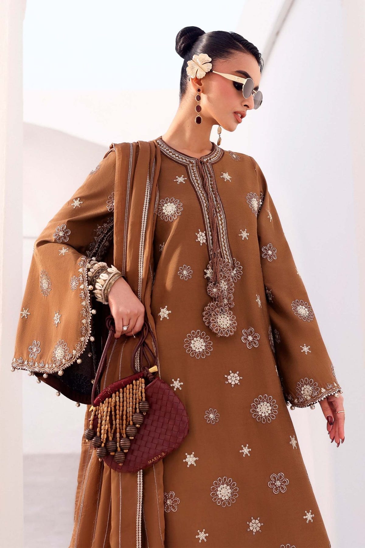 Maria B | RTW | 3 Piece Embroidered Tissue Staple Suit-Brand:Maria B-Type:Luxury Formals-Brown - House of Maryam- Buy in UK, USA
