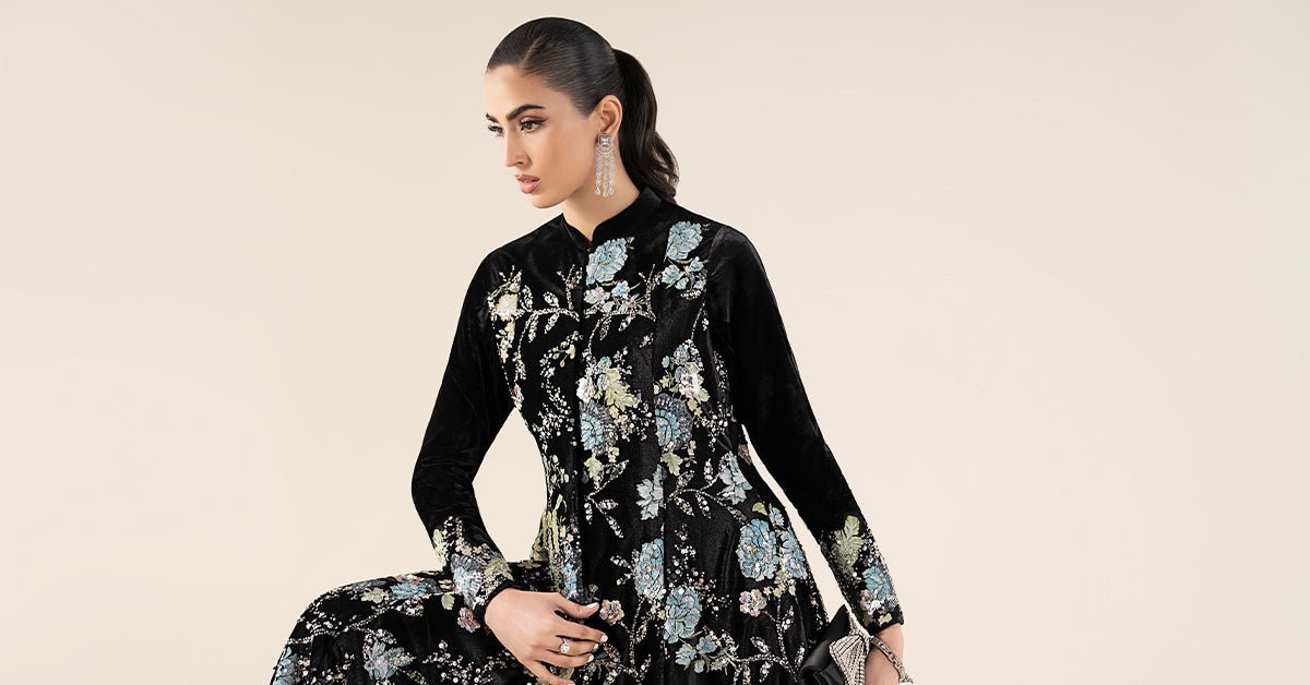 Maria B | RTW | 3 Piece Embroidered Velvet Suit-Brand:Maria B-Type:Luxury Formals-Black - House of Maryam- Buy in UK, USA