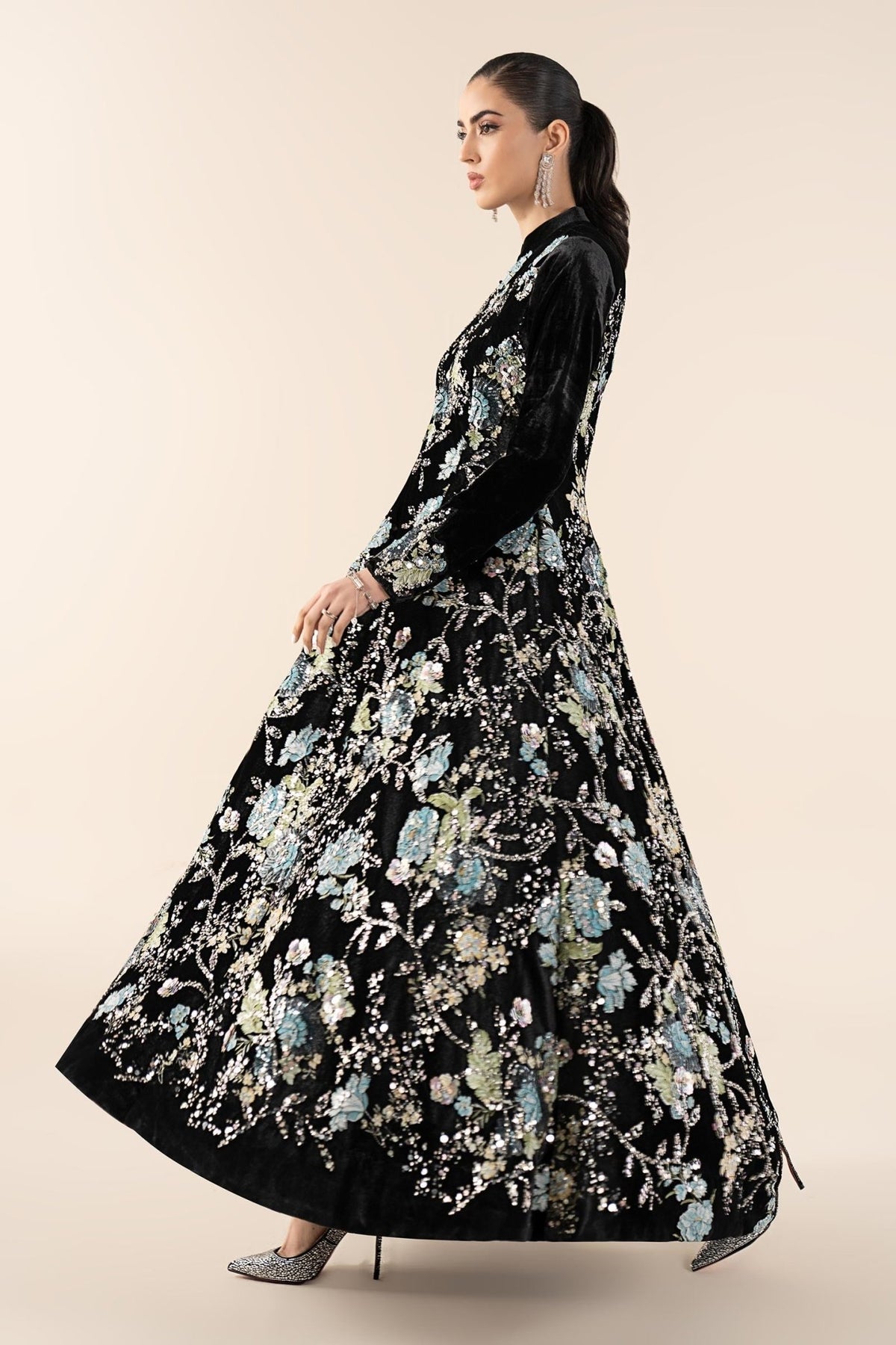 Maria B | RTW | 3 Piece Embroidered Velvet Suit-Brand:Maria B-Type:Luxury Formals-Black - House of Maryam- Buy in UK, USA