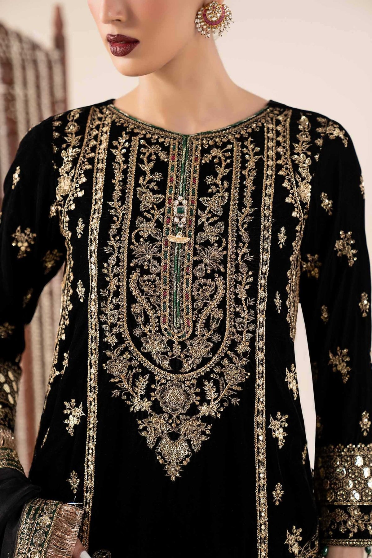 Maria B | RTW | 3 Piece Embroidered Velvet Suit-Brand:Maria B-Type:Luxury Formals-Black - House of Maryam- Buy in UK, USA