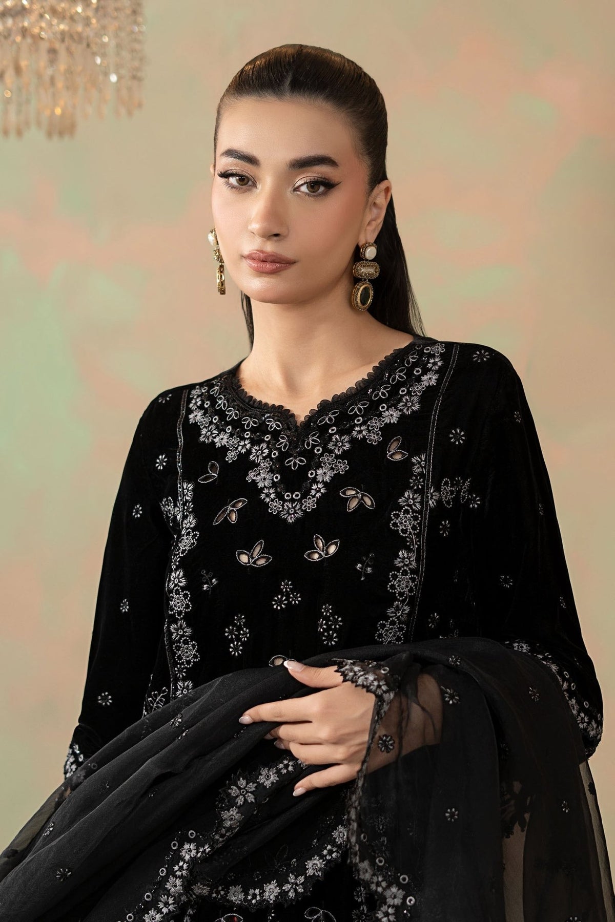 Maria B | RTW | 3 Piece Embroidered Velvet Suit-Brand:Maria B-Type:Luxury Formals-Black - House of Maryam- Buy in UK, USA