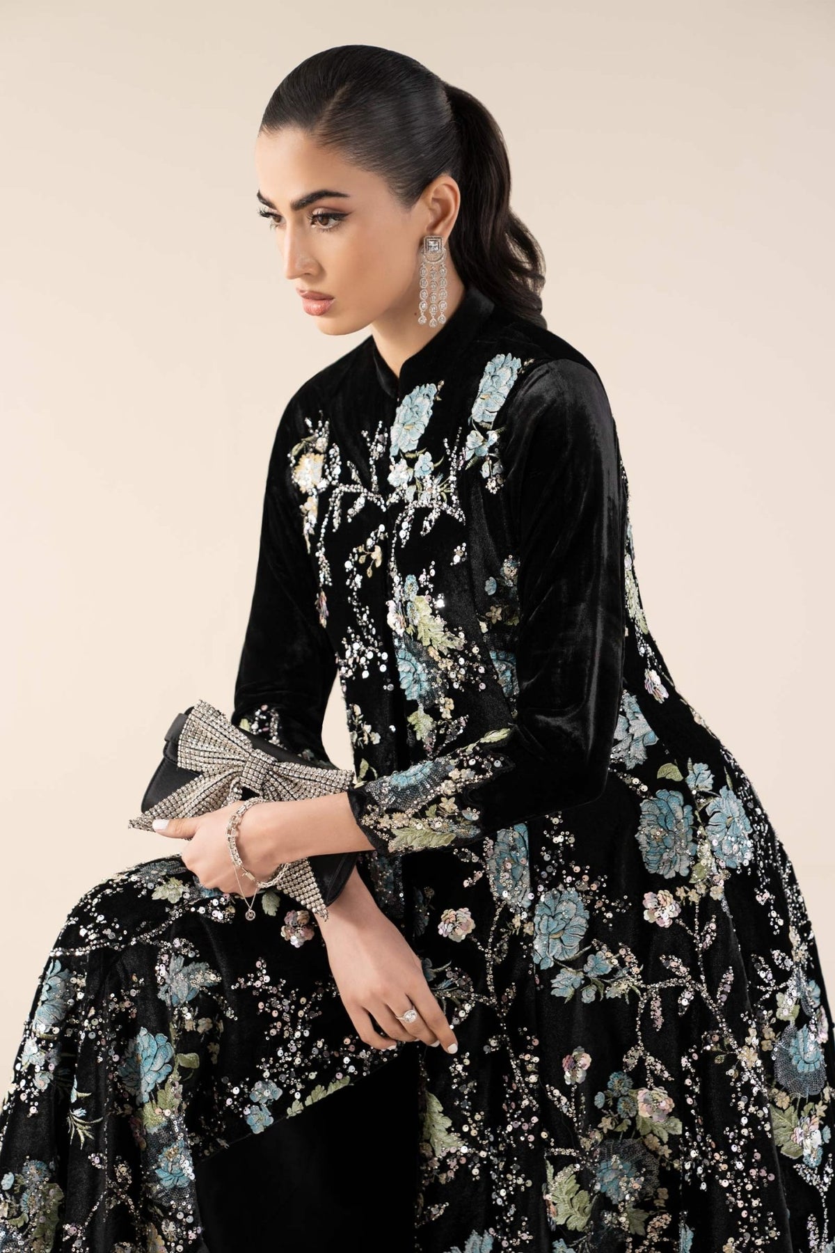 Maria B | RTW | 3 Piece Embroidered Velvet Suit-Brand:Maria B-Type:Luxury Formals-Black - House of Maryam- Buy in UK, USA
