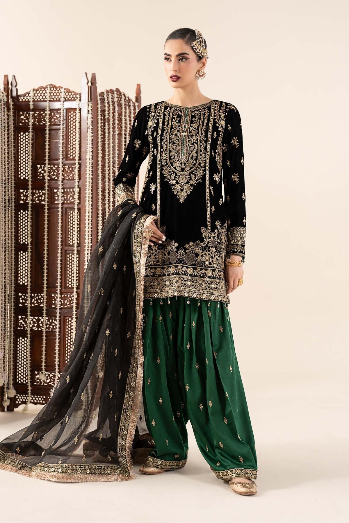 Maria B | RTW | 3 Piece Embroidered Velvet Suit-Brand:Maria B-Type:Luxury Formals-Black - House of Maryam- Buy in UK, USA