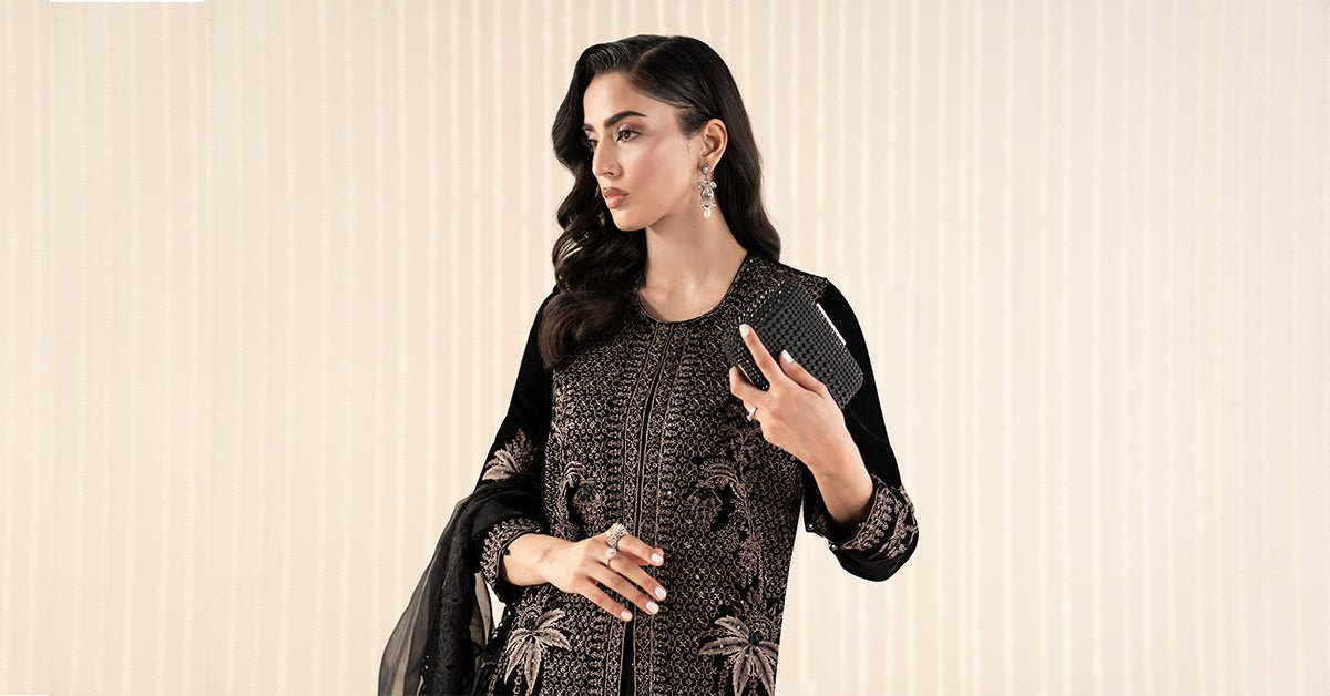 Maria B | RTW | 3 Piece Embroidered Velvet Suit-Brand:Maria B-Type:Luxury Formals-Black - House of Maryam- Buy in UK, USA