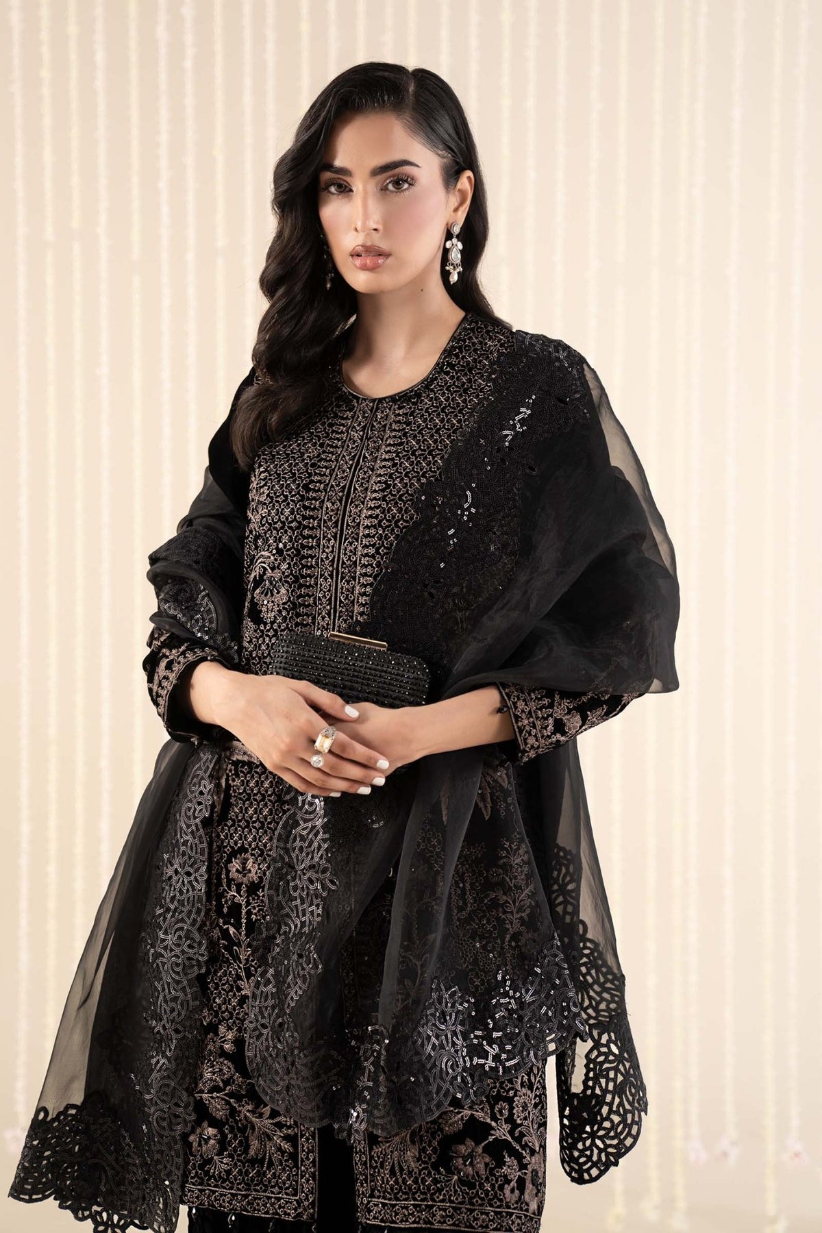 Maria B | RTW | 3 Piece Embroidered Velvet Suit-Brand:Maria B-Type:Luxury Formals-Black - House of Maryam- Buy in UK, USA