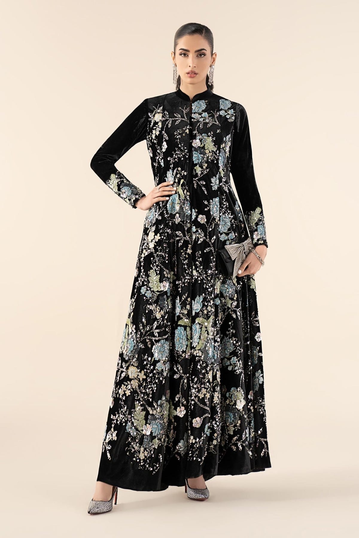 Maria B | RTW | 3 Piece Embroidered Velvet Suit-Brand:Maria B-Type:Luxury Formals-Black - House of Maryam- Buy in UK, USA