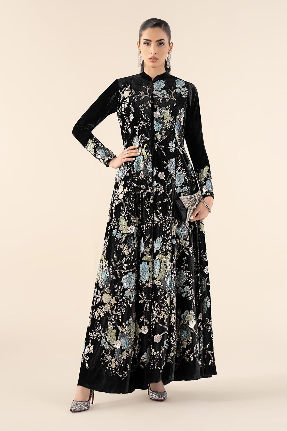 Maria B | RTW | 3 Piece Embroidered Velvet Suit-Brand:Maria B-Type:Luxury Formals-Black - House of Maryam- Buy in UK, USA
