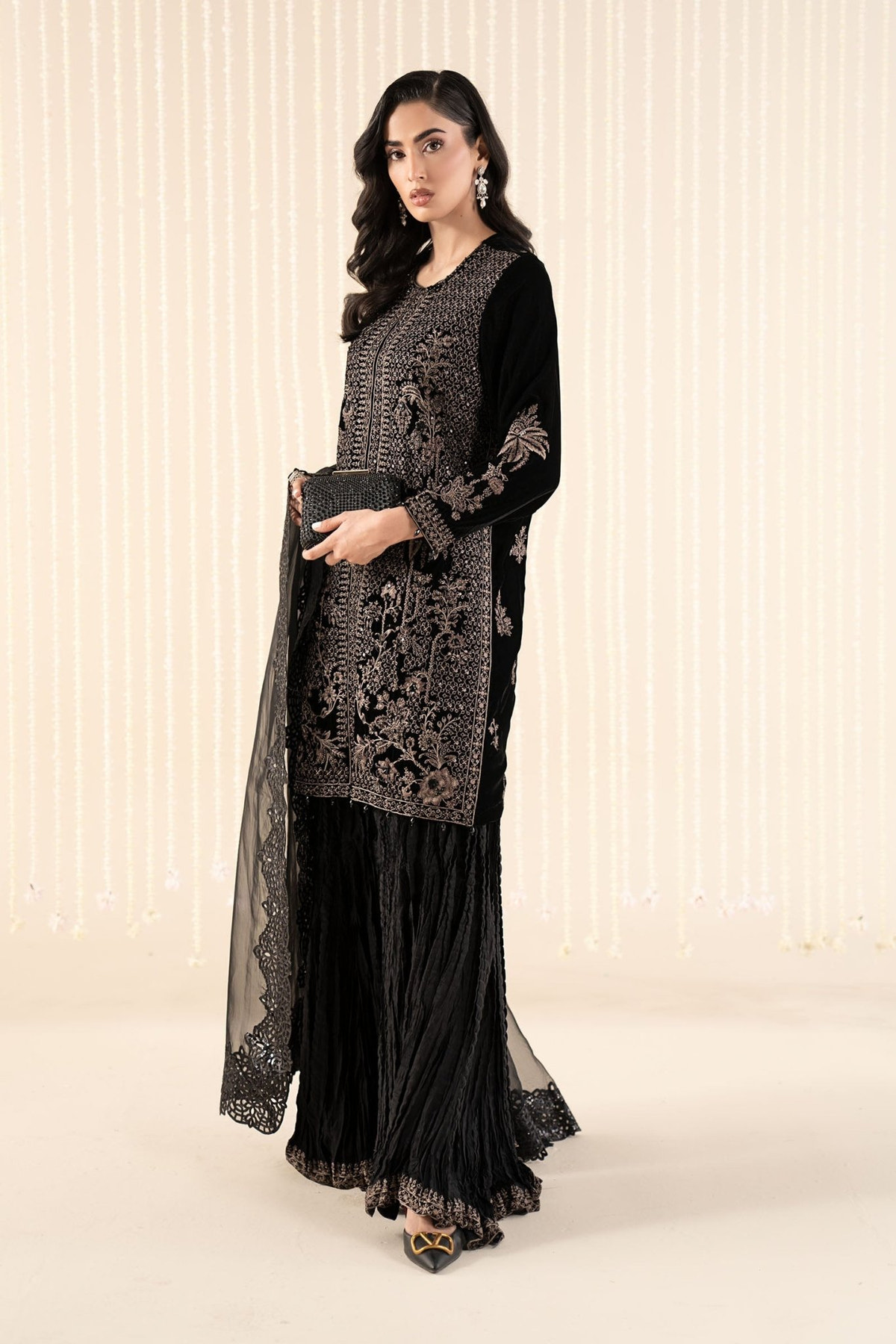 Maria B | RTW | 3 Piece Embroidered Velvet Suit-Brand:Maria B-Type:Luxury Formals-Black - House of Maryam- Buy in UK, USA