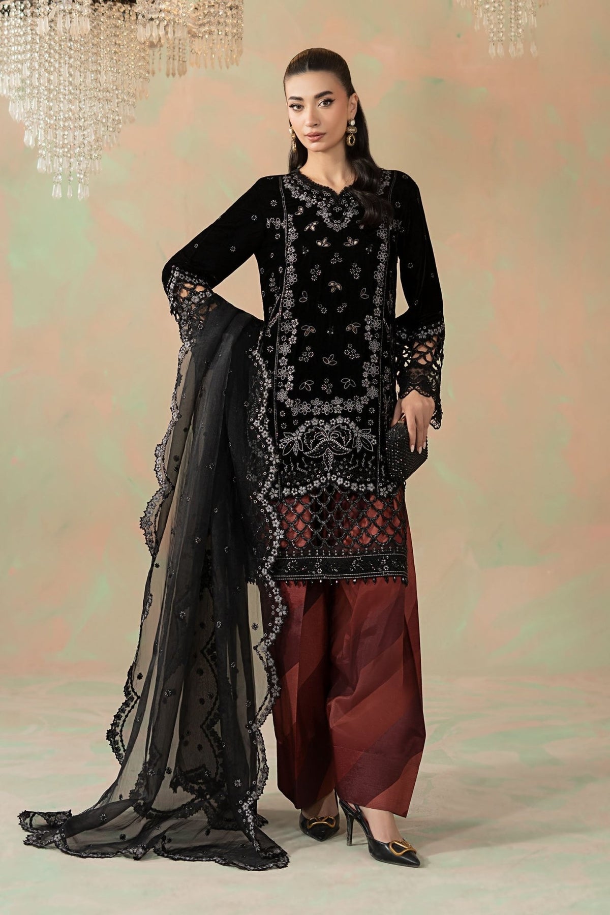 Maria B | RTW | 3 Piece Embroidered Velvet Suit-Brand:Maria B-Type:Luxury Formals-Black - House of Maryam- Buy in UK, USA