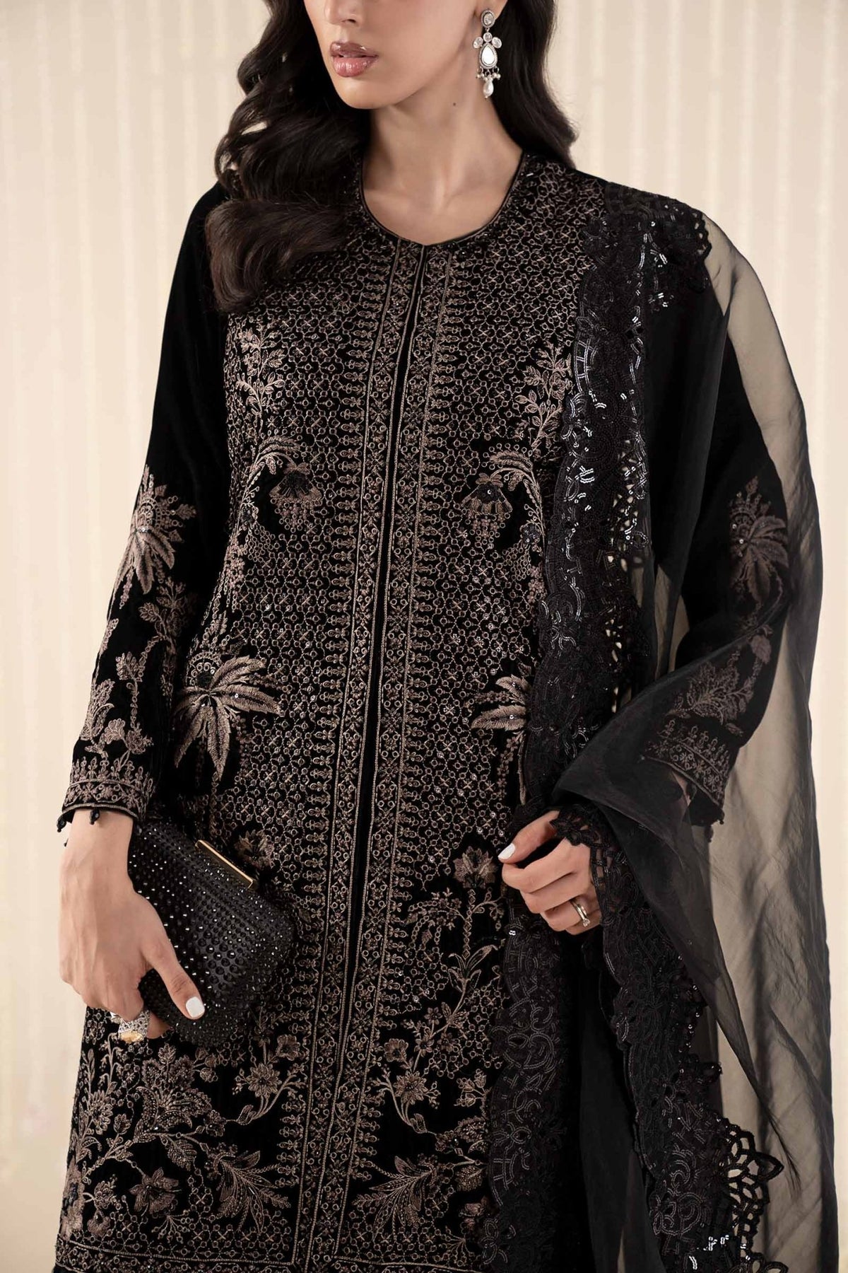 Maria B | RTW | 3 Piece Embroidered Velvet Suit-Brand:Maria B-Type:Luxury Formals-Black - House of Maryam- Buy in UK, USA